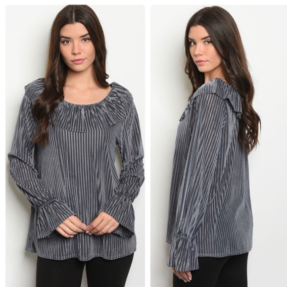 ✨ Gray Channel Velvet Ruffle Top | Size S - Picture 1 of 9